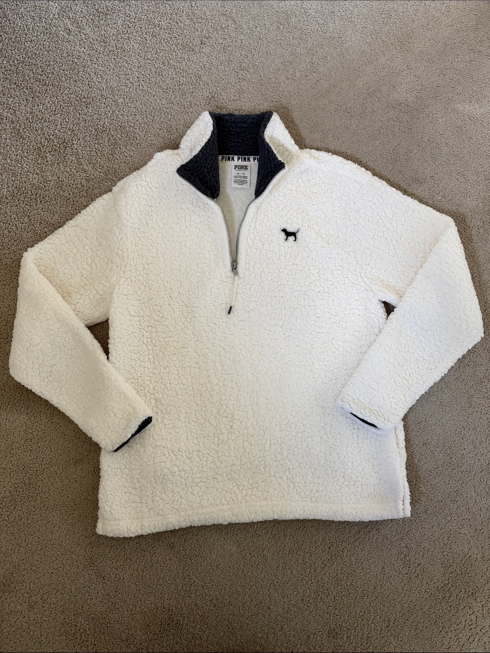 PINK Victoria's Secret Cream Sherpa Half-Zip Jacket with Black Trim XS